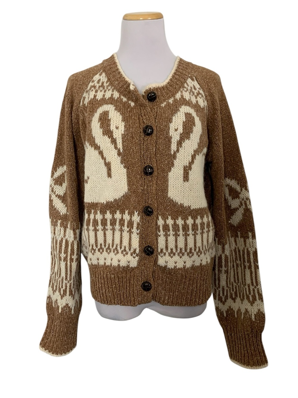 NWT Stitch And Feather Swan Cardigan Sweater Women’s M Heather Brown Bows Twee